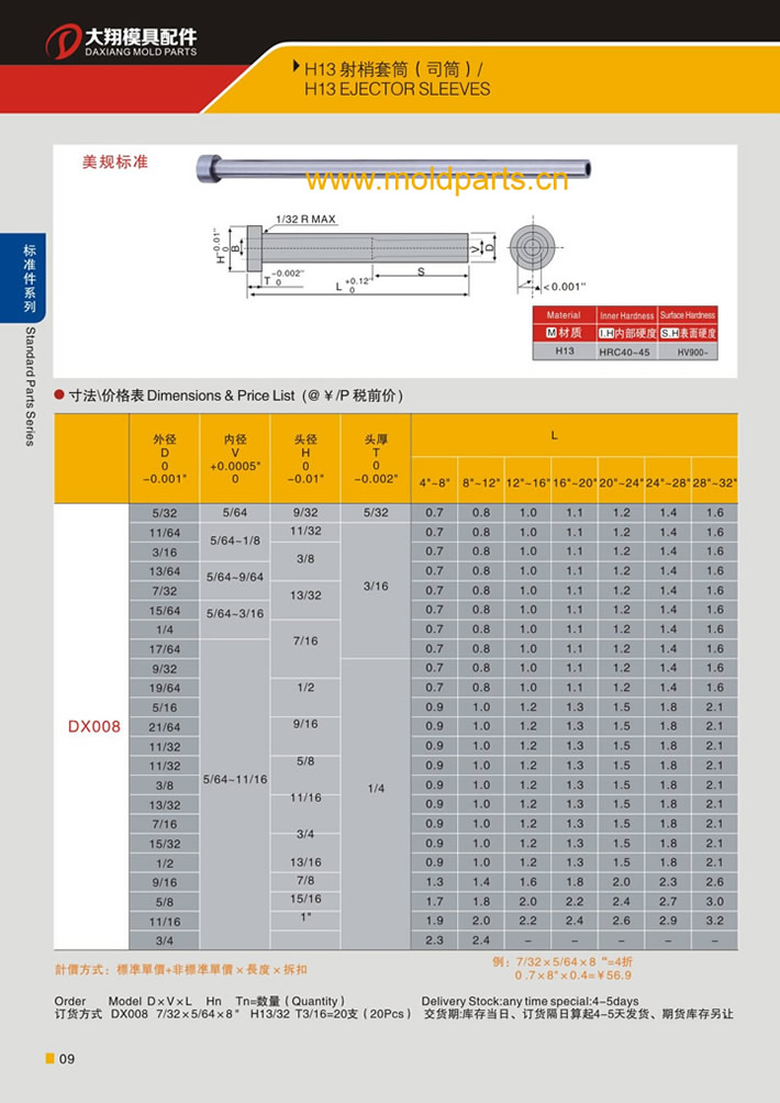 东莞大翔模具配件有限公司专业生产H13司筒，H13司筒的材质、热处理、硬度、标准、型号等详情说明和介绍，您可以通过本页面下单留言或者发送询/报价