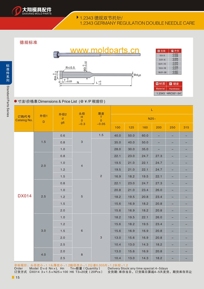 东莞大翔模具配件有限公司专业生产1.2343德规双节顶针，1.2343德规双节顶针的材质、热处理、硬度、标准、型号等详情说明和介绍，您可以通过本页面下单留言或者发送询/报价