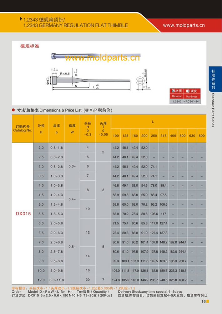 东莞大翔模具配件有限公司专业生产1.2343德规扁顶针，1.2343德规扁顶针的材质、热处理、硬度、标准、型号等详情说明和介绍，您可以通过本页面下单留言或者发送询/报价