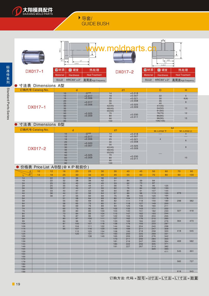 东莞大翔模具配件有限公司专业生产导套，导套的材质、热处理、硬度、标准、型号等详情说明和介绍，您可以通过本页面下单留言或者发送询/报价