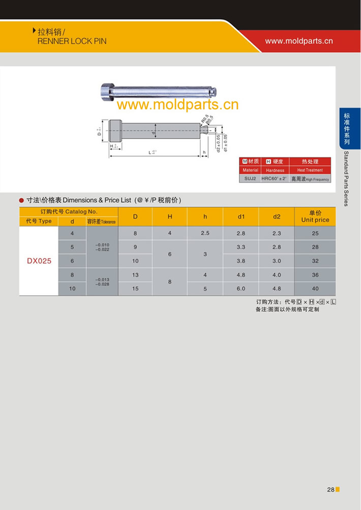 东莞大翔模具配件有限公司专业生产拉料销，拉料销的材质、热处理、硬度、标准、型号等详情说明和介绍，您可以通过本页面下单留言或者发送询/报价