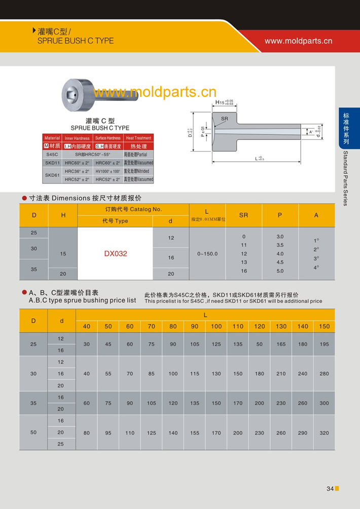 东莞大翔模具配件有限公司专业生产C型浇口套，C型浇口套的材质、热处理、硬度、标准、型号等详情说明和介绍，您可以通过本页面下单留言或者发送询/报价