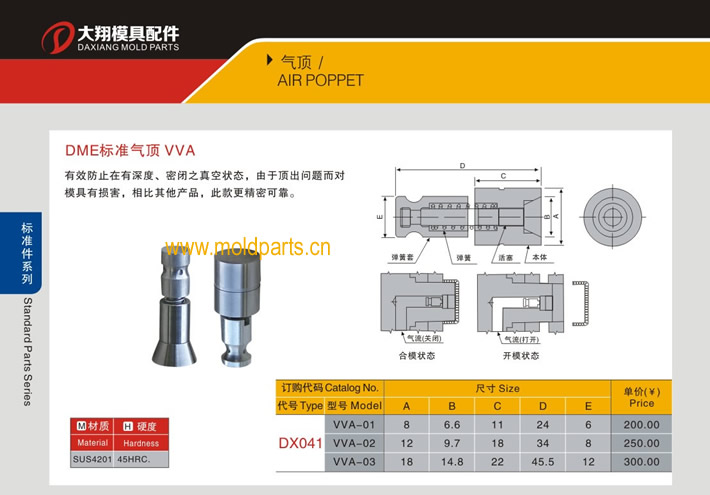 东莞大翔模具配件有限公司专业生产DME标准气顶VVA，DME标准气顶VVA的材质、热处理、硬度、标准、型号等详情说明和介绍，您可以通过本页面下单留言或者发送询/报价