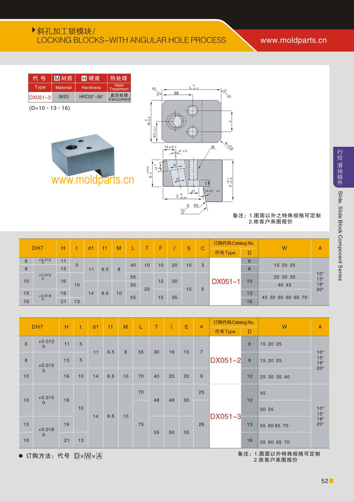 东莞大翔模具配件有限公司专业生产斜孔加工锁模块，斜孔加工锁模块的材质、热处理、硬度、标准、型号等详情说明和介绍，您可以通过本页面下单留言或者发送询/报价