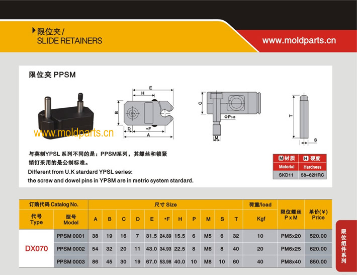 东莞大翔模具配件有限公司专业生产DME标准PPSM限位夹，DME标准PPSM限位夹的材质、热处理、硬度、标准、型号等详情说明和介绍，您可以通过本页面下单留言或者发送询/报价