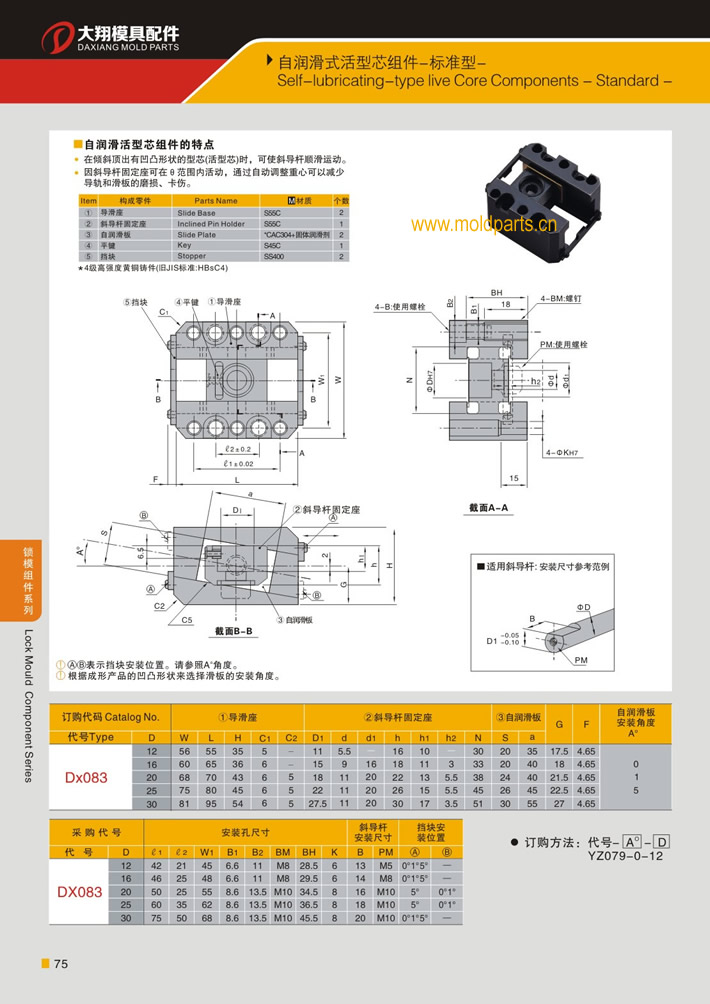 东莞大翔模具配件有限公司专业生产自润滑式活型芯组件(标准型)，自润滑式活型芯组件(标准型)的材质、热处理、硬度、标准、型号等详情说明和介绍，您可以通过本页面下单留言或者发送询/报价