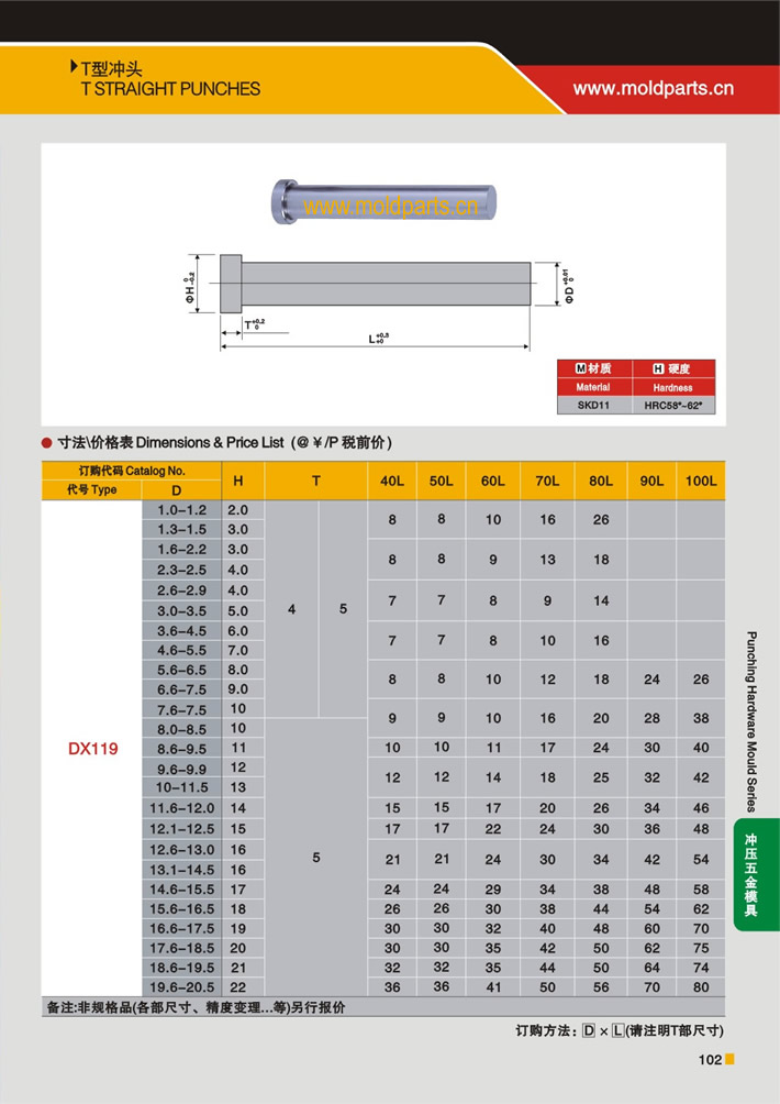 东莞大翔模具配件有限公司专业生产T型冲头，T型冲头的材质、热处理、硬度、标准、型号等详情说明和介绍，您可以通过本页面下单留言或者发送询/报价