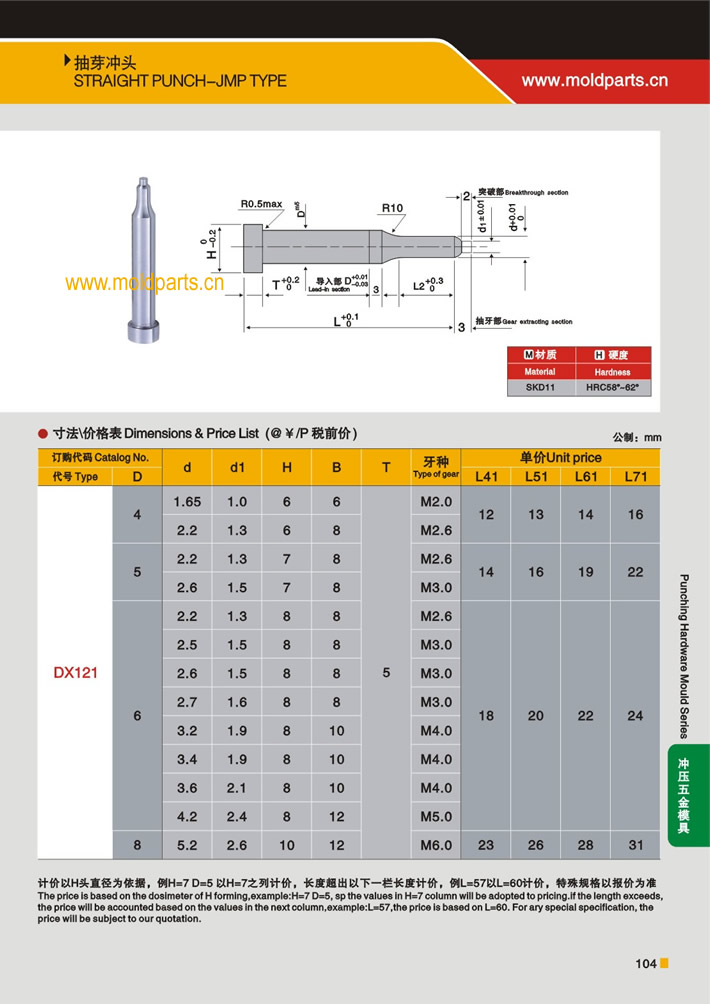 东莞大翔模具配件有限公司专业生产K型抽芽冲头，K型抽芽冲头的材质、热处理、硬度、标准、型号等详情说明和介绍，您可以通过本页面下单留言或者发送询/报价