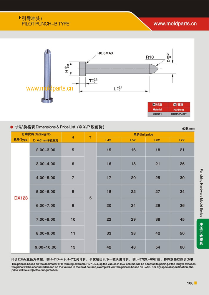 东莞大翔模具配件有限公司专业生产引导冲头，引导冲头的材质、热处理、硬度、标准、型号等详情说明和介绍，您可以通过本页面下单留言或者发送询/报价