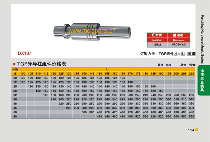 东莞大翔模具配件有限公司专业生产冷冲模TGP外导柱组件，冷冲模TGP外导柱组件的材质、热处理、硬度、标准、型号等详情说明和介绍，您可以通过本页面下单留言或者发送询/报价